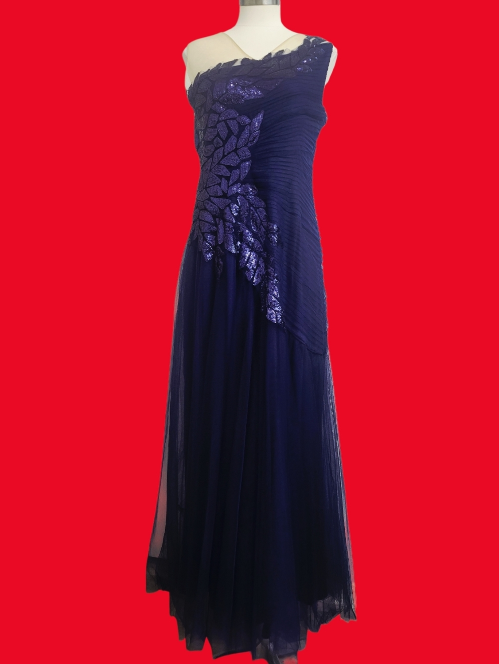 Tadashi Shoji Navy One-Shoulder Evening Gown with Sequin Leaf Detail Size 12